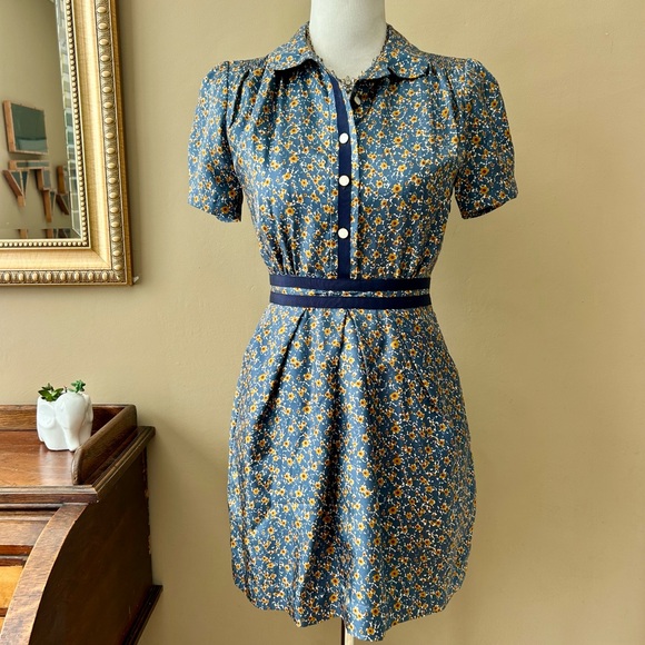 Orla Kiely Blue Floral Silk Mini Shirtdress Shirt Dress Retro Vintage 40s XS S - Picture 2 of 9